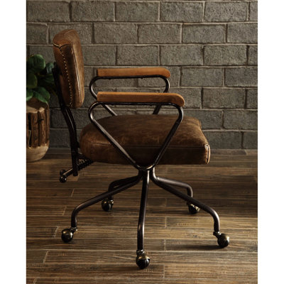 Vintage Office Chair Featuring Tilt , Swivel No - Lift Seat, Top Grain Leather Cushion, Nailhead Trim Adornment, 5 Star Metal Base With , 26" High Wooden Armrest, 19" Seat Height Style, Padded Back