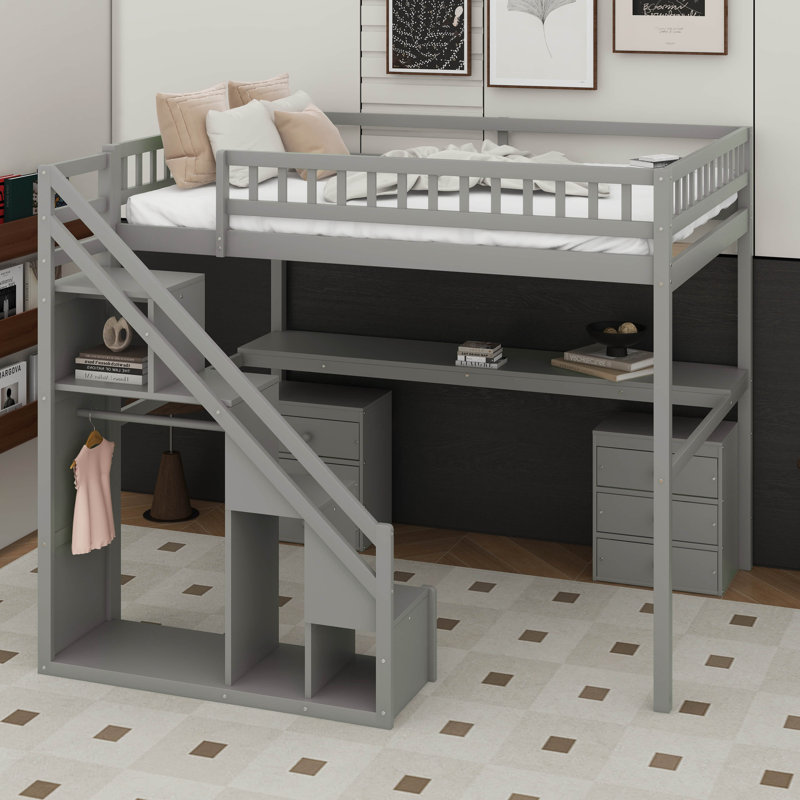 Lit mezzanine double avec commode, bureau et bande lumineuse, Gris