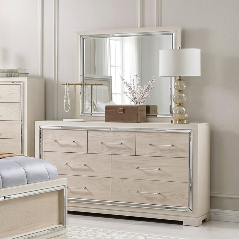 Commode moderne et glamour à 7 tiroirs en bois brun clair avec miroir, poignées en acrylique et bordure biseautée - Meuble de rangement pour chambre à coucher