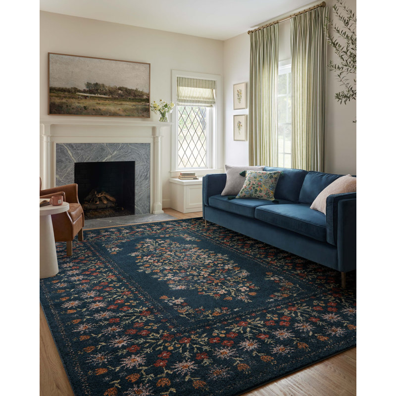 Tapis bleu marine Rifle Paper Co. x Loloi Laurel, Rectangle 7 pi 10 po x 10 pi