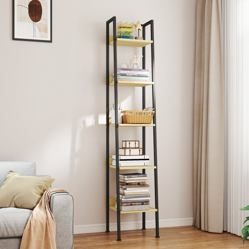 Ladder Bookcase, 5 Tier 13.5" Wide Steel Frame Storage Shelf, Anti-Tip, Natural Oak