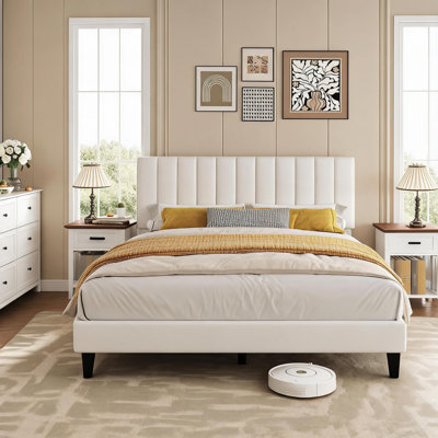 Cadre de lit plateforme Queen Size avec tête de lit en velours ajustable, blanc