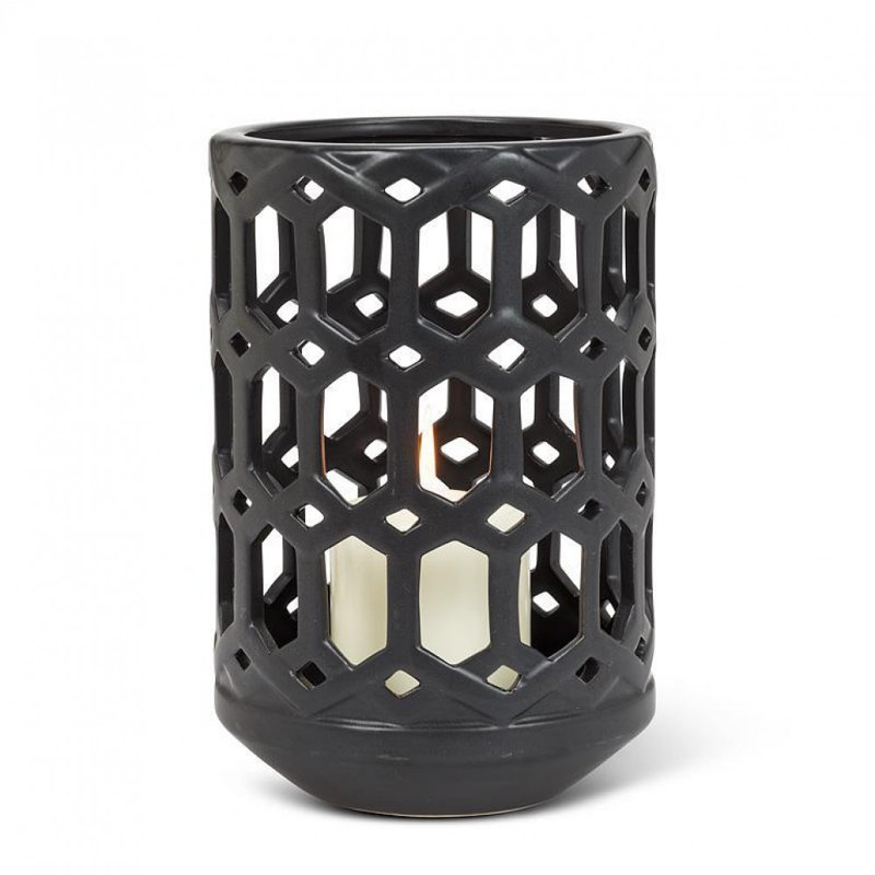 Matte Black Openwork Frame Candle Lantern, 9" H x 6" W x 6" D