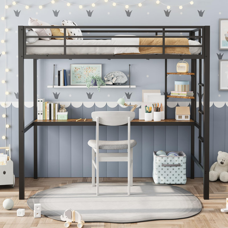 Twin Loft Bed with Large Desk & Storage Shelves, Heavy-Duty Metal Frame with Full Guardrail, Space-Saving Design