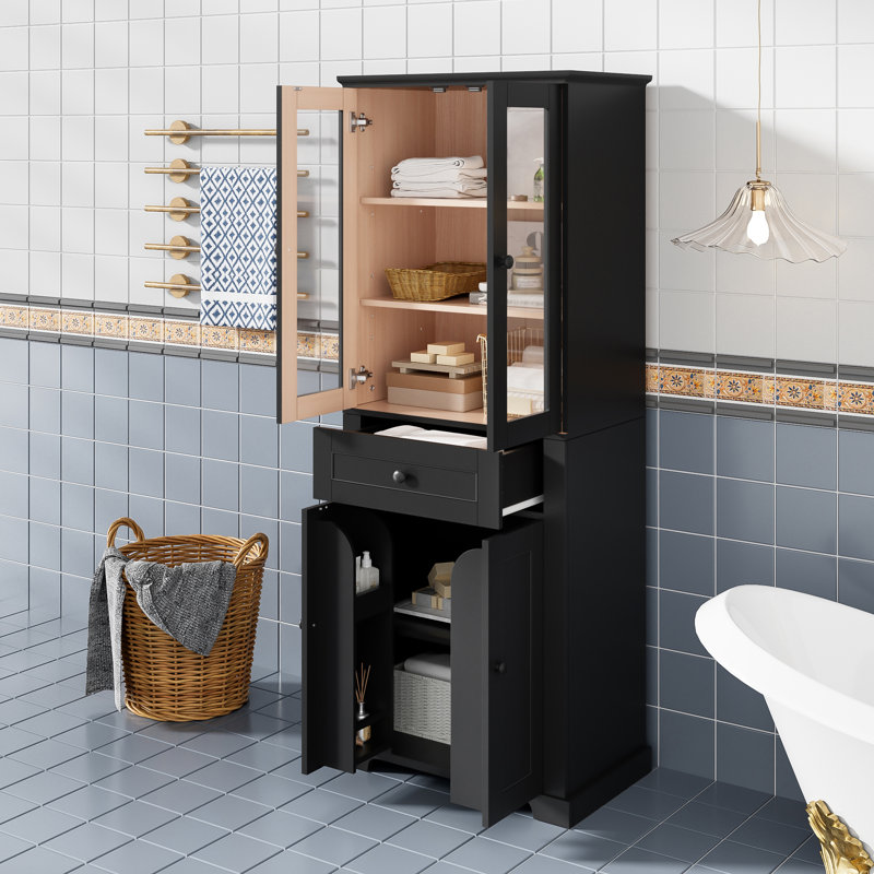 Freestanding Bathroom Vanity Cabinet with Glass Doors, Black