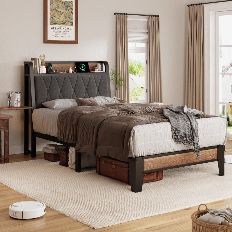Upholstered Platform Bed With Charging Station Ergonomic Headboard And Side Storage Shelf, Twin, Black