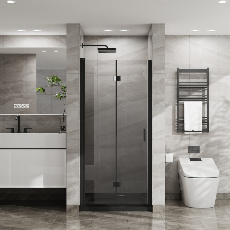 34"X 72" Bifold Frameless Glass Shower Door 1/4 Inch Tempered Clear Glass Pivot Swing Shower Panel Foldable, Black