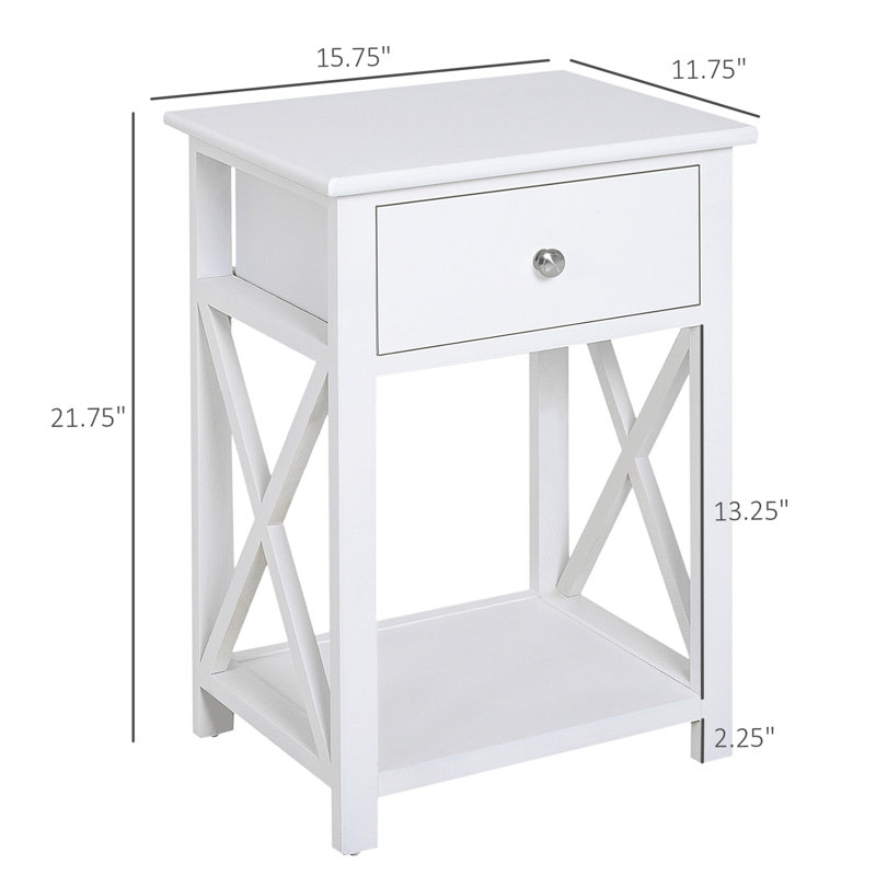 White Farmhouse End Table with Drawer, Open Shelf & X-Frame for Living Room