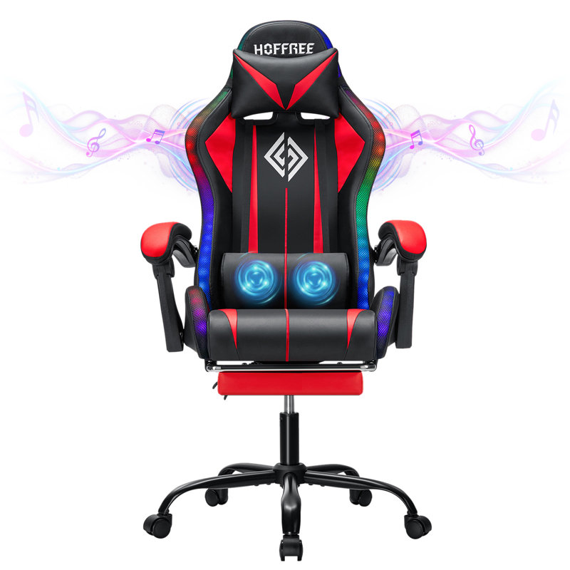Fauteuil de jeu avec haut-parleurs Bluetooth et lumières à DEL RVB Fauteuil de jeu vidéo de massage ergonomique avec repose-pieds à haut dossier avec support lombaire