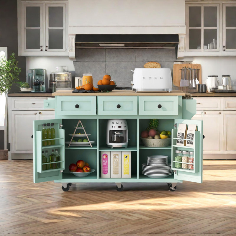 Chariot de cuisine roulant avec plateau en bois massif Bobbe, Vert