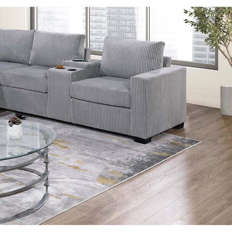 Canapé modulaire contemporain en L 6 pièces en velours côtelé gris pour le salon, les accoudoirs carrés et le dossier moelleux avec coussin