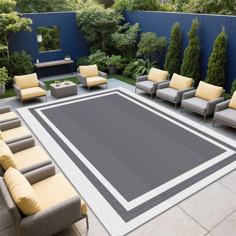 Durable Camping mats in Grey with White Edge Outdoor Rugs Reversible Waterproof mat, Rectangle 9' x 12'