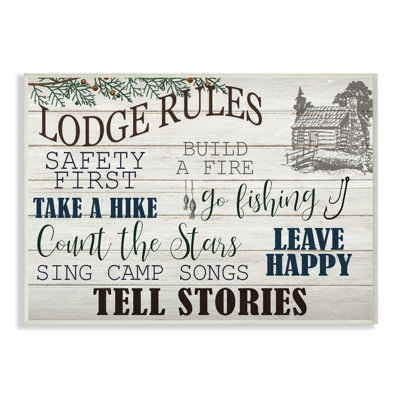 " Lodge Rules Text With Cabin Brown Blue Word Design " by Kim Allen