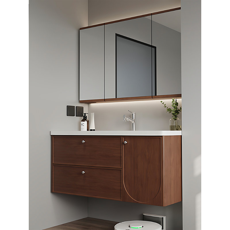 Meuble-lavabo flottant en bois d'hévéa de style Mid-Antique avec lavabo en céramique