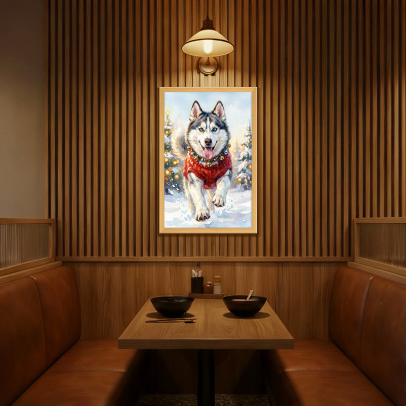 Animaux, Husky dans un chandail rouge, scène de Noël, H 18 po x l 12 po