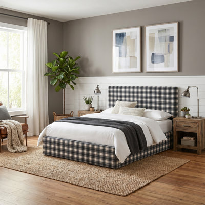 Queen Size Modern Farmhouse Lift-Up Storage Platform Bed, White and Blue Plaid