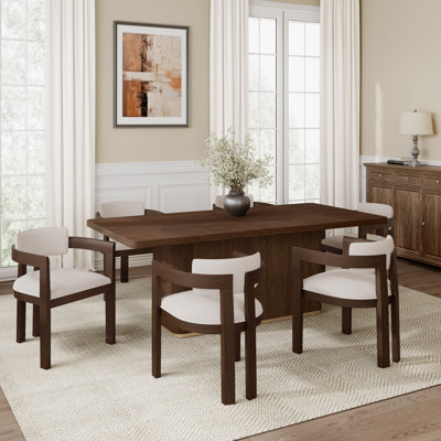 Calvera 7-Piece Mid-Century Modern Rubberwood Dining Set With Linen-Blend Upholstered Chairs by NFusion