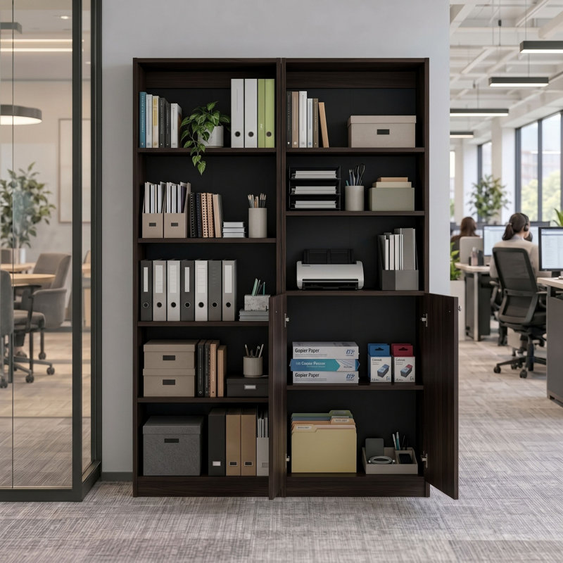 Colorado Manufactured Wood Bookcase with Cabinets and Open Shelves, Modern Storage Bookshelf for Living Room and Office 