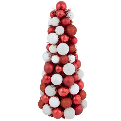 Arbre de Noël 15,75 "à 3 finitions rouge et blanc avec guirlandes