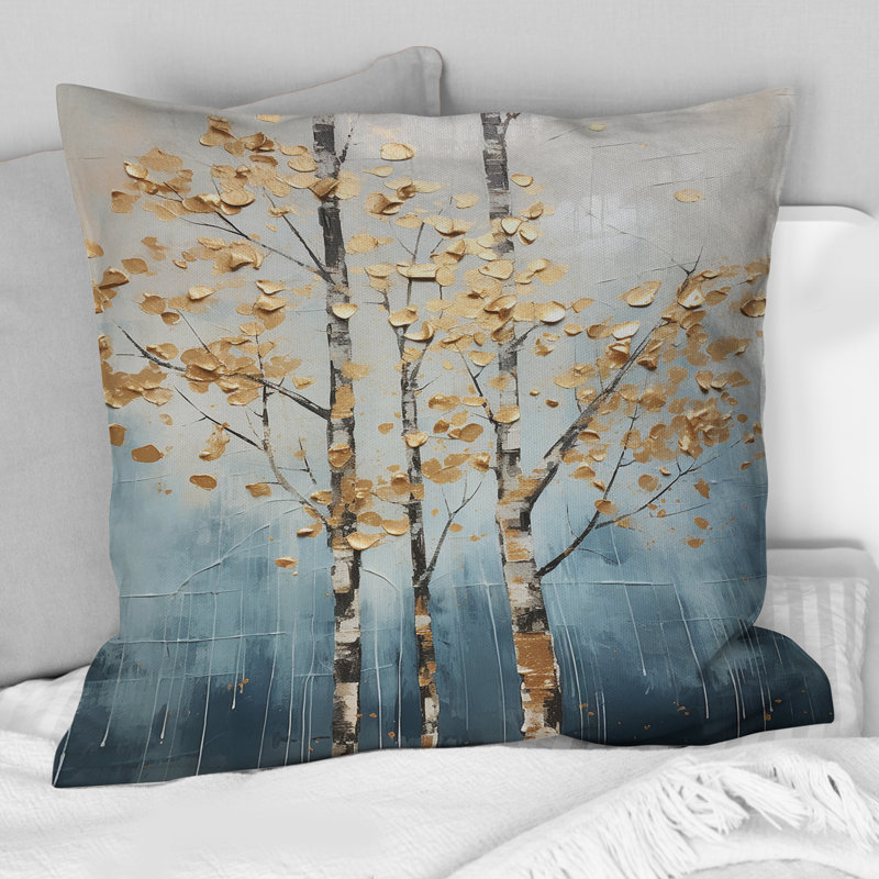 Gold And Blue Trees Harmony III - Trees Printed Throw Pillow