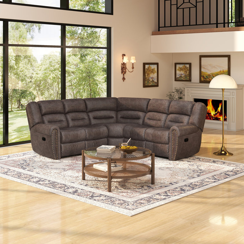 Manasas 3-Piece 97.8'' Wide Classic And Overstuffed Soft Faux Leather Manual Reclining Corner Sectional, Gray Faux Leather