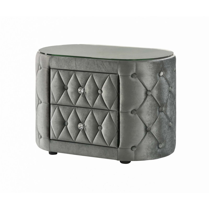 Nightstand Plush Tufted Upholstery 8mm Tempered Glass Top, Grey