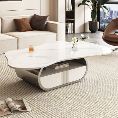 Modern Butterfly Coffee Table with Sintered Stone Top – Oval Center Table with Storage Shelf  Drawer, Stainless Steel Base  MDF Cabinet