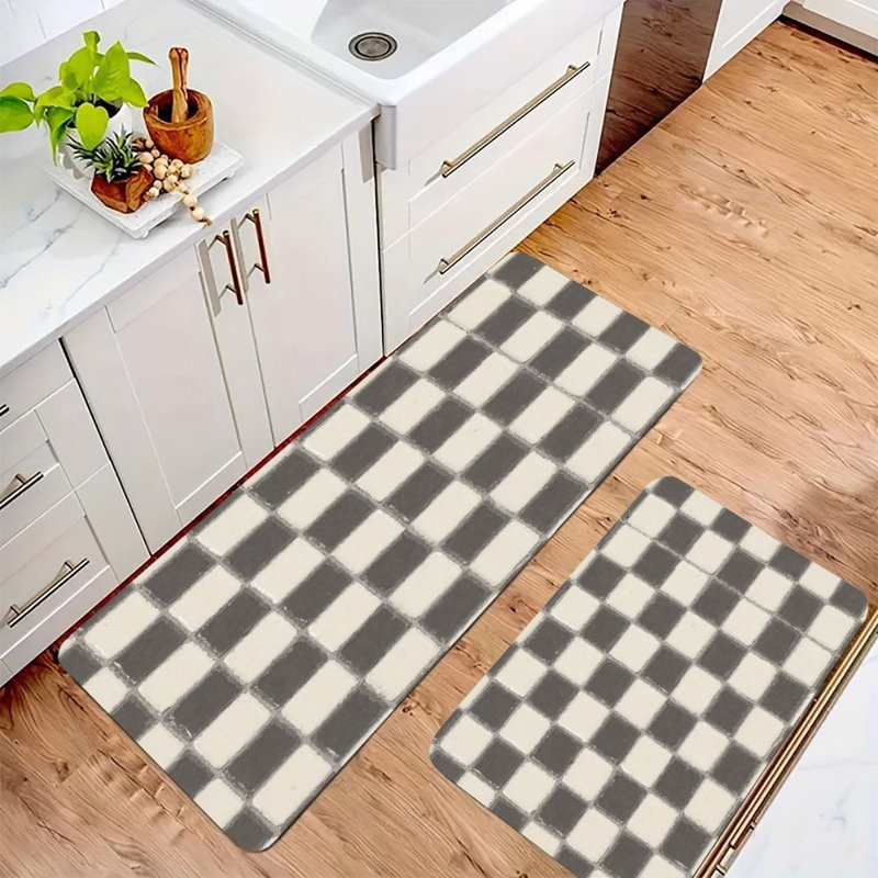 Gray White Grid Patchwork, 2 Pcs Non Slip Kitchen Mats, Gray Checkered