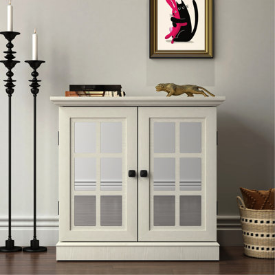 Dining Room Storage Sideboard Cabinet With 2 Acrylic Mirrored Doors, Adjustable Shelf, White 3D Wood Grain, Metal Handles, Low - Maintenance, Well Functioning Decorative Compact, Made