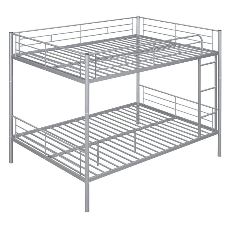 Space-Saving Convertible Metal Bunk Bed With Safety Guardrails, Silver, Full over Full