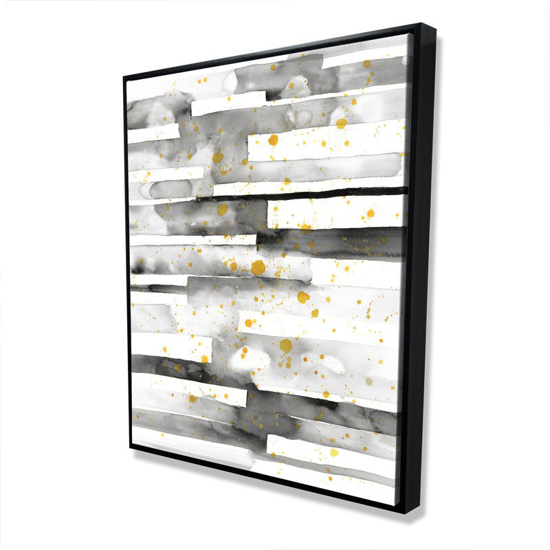 Art sur toile abstrait noir avec rayures noires et éclaboussures dorées