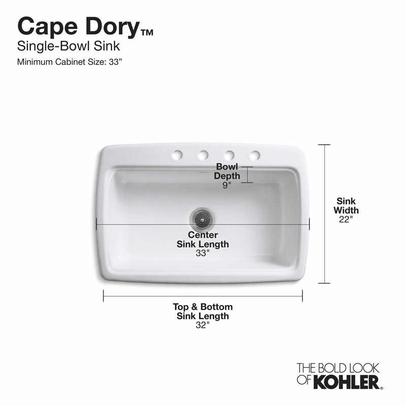 Cape Dory® 33" L x 22" W x 9-5/8" Top-Mount Single-Bowl Kitchen Sink, 4 Hole, White
