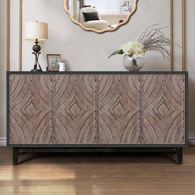 Buffet Mid-Century 60 "avec pieds en bois massif, 4 portes en losange à motif convexe et 2 tablettes pour le salon, l'entrée, le couloir