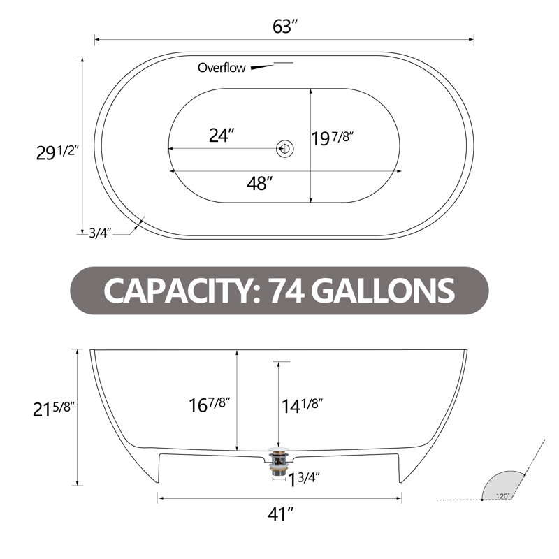 Baignoire de trempage autoportante 63 x 29,53 avec trop-plein et bonde escamotable