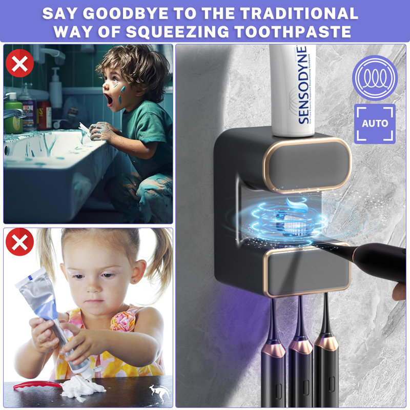 Automatic Toothpaste Dispenser,Wall Mounted Electric Toothpaste Dispenser With 3 Toothpaste Slots,Toothpaste Dispenser For Adults (Black)