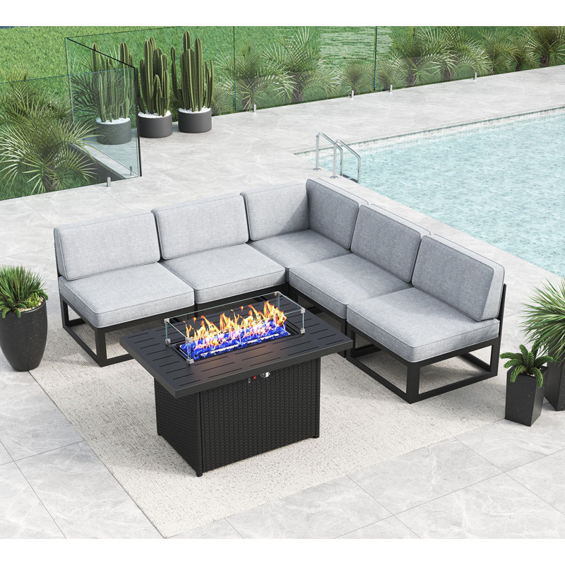6 - Piece Outdoor Modular Sectional Set with Fire Table, Grey