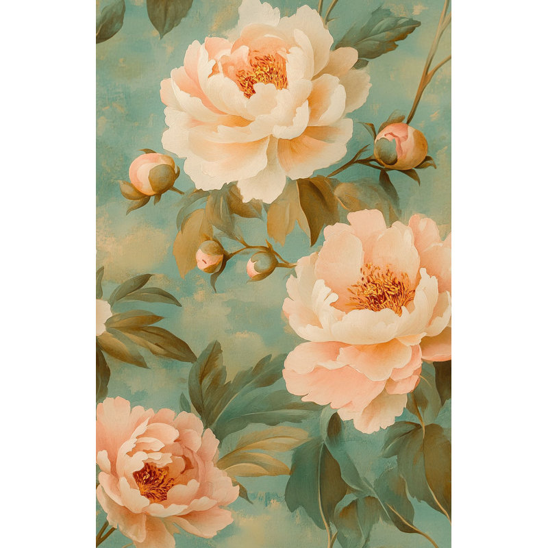 Papier peint floral | Adhésif décoratif rétro en forme de pivoine pêche | Motif floral chic