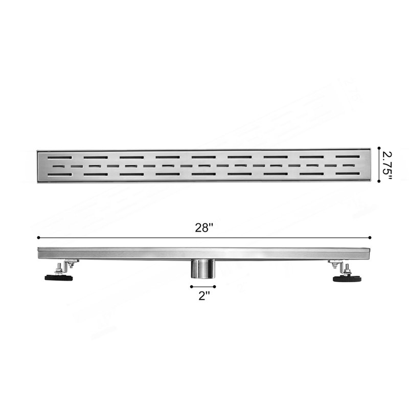 28 Inch Linear Shower Drain With Removable Brick Patterned Grate Cover, 304 Stainless Steel Shower Floor Drain With Hair Strainer And Leveling Feet
