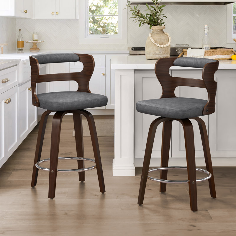 Deshunda Swivel Upholstered Counter Stool with Solid + Manufactured Wood Frame (Set of 2), Gray/Black