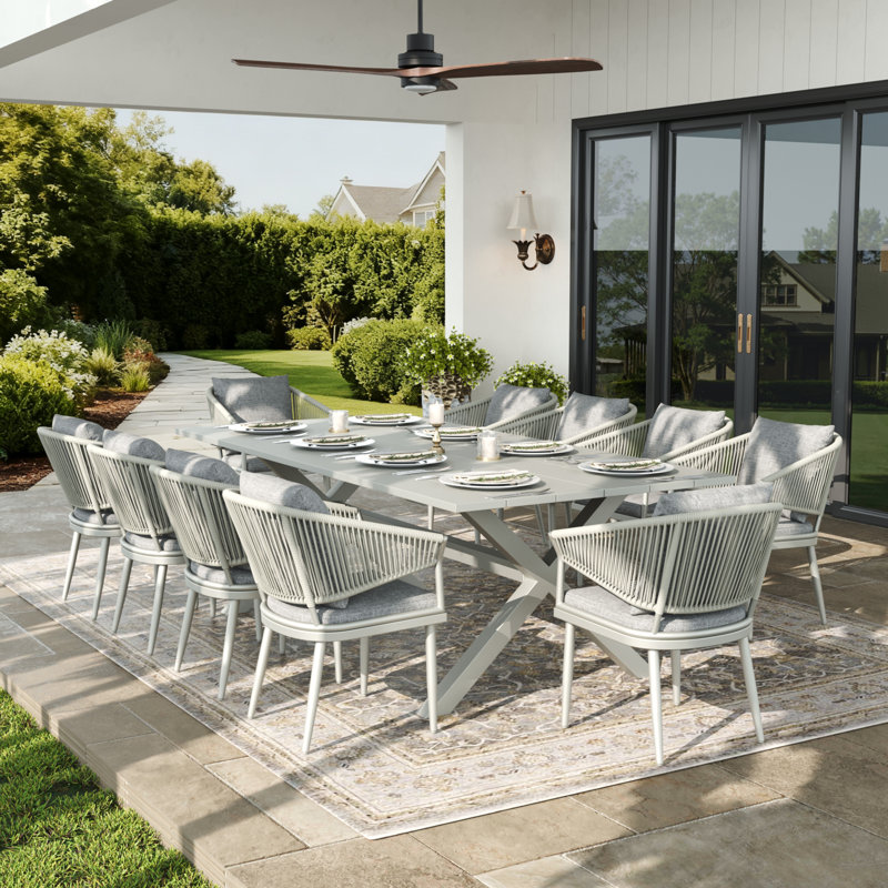 Rectangular Outdoor Dining Set With Cushions, Light Grey/White, 10