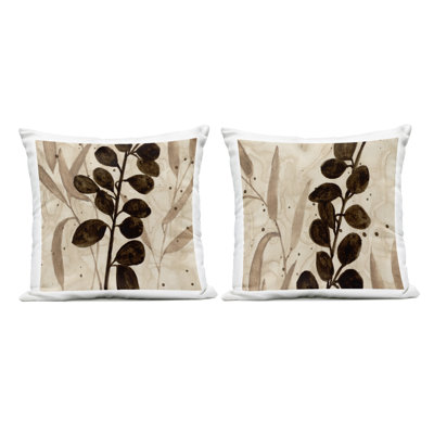 Earthy Hued Leaf Sprigs 2 Piece Outdoor Printed Pillow Set, design by Krinlox