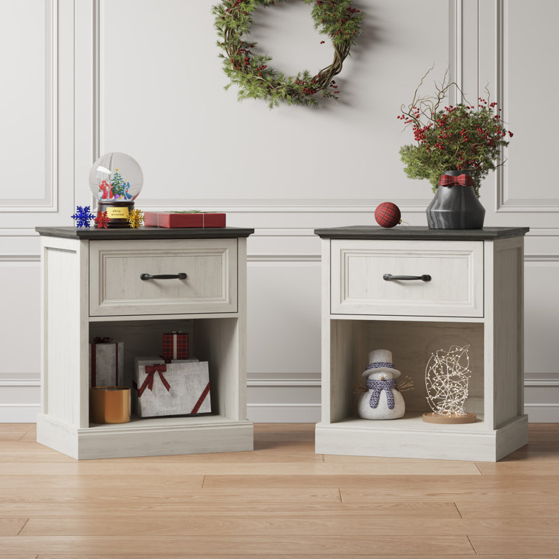 Farmhouse 23.6" 2-Piece Nightstand Set With Open Shelf & Ball Bearing Drawer, White