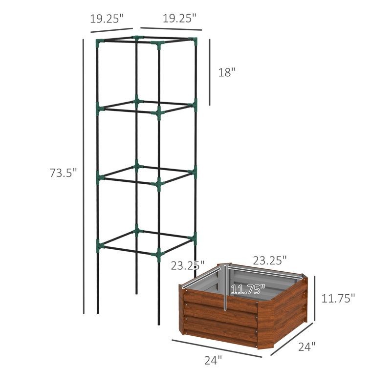 Galvanized Planter Box, 24" X 24" Raised Garden Bed With Tomato Cage For Climbing Vines, Brown, Brown