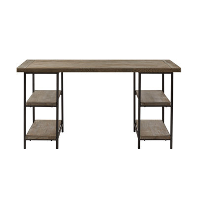 Grey Wood Computer Desk With Metal Frame And 4 Shelf Storage Space For Home Office Open Shelves