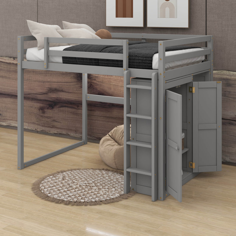 Lit mezzanine double avec tablettes et DEL, Gris