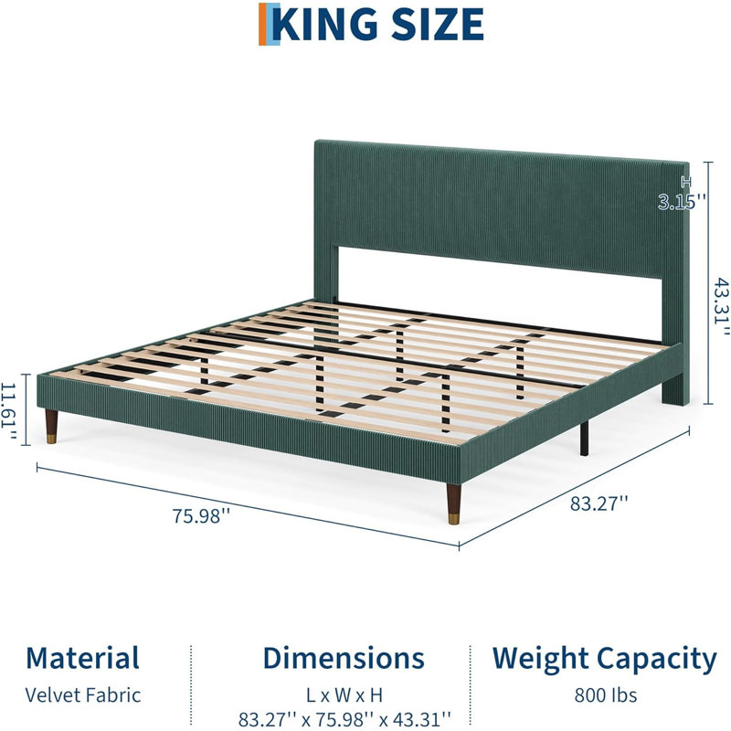 King Upholstered Platform Bed Frame, Easy Assembly Space Saving, Green
