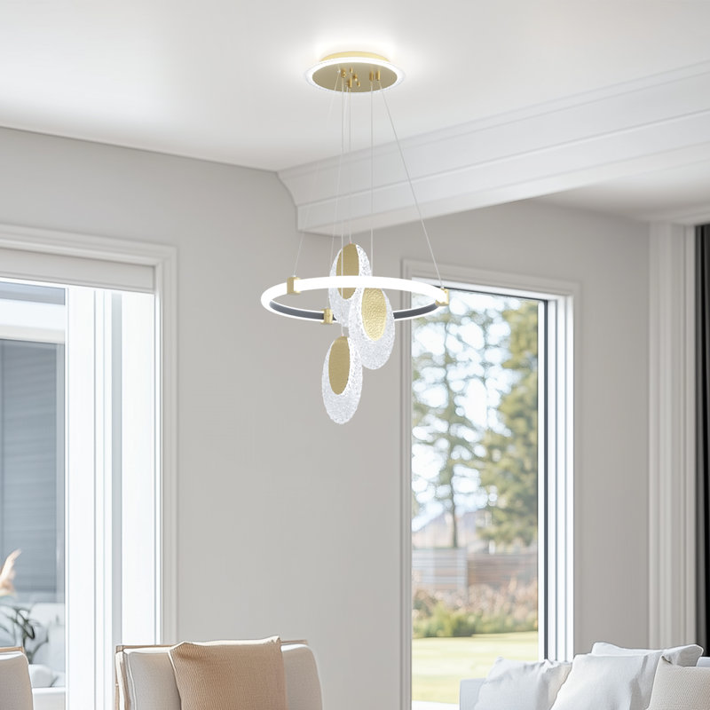 LED Ring Chandelier Lamp Ceiling Tiered Geometric Lighting With Acrylic Waterdrop Pendant, 47.24'' H x 15.75'' W x 15.75'' D