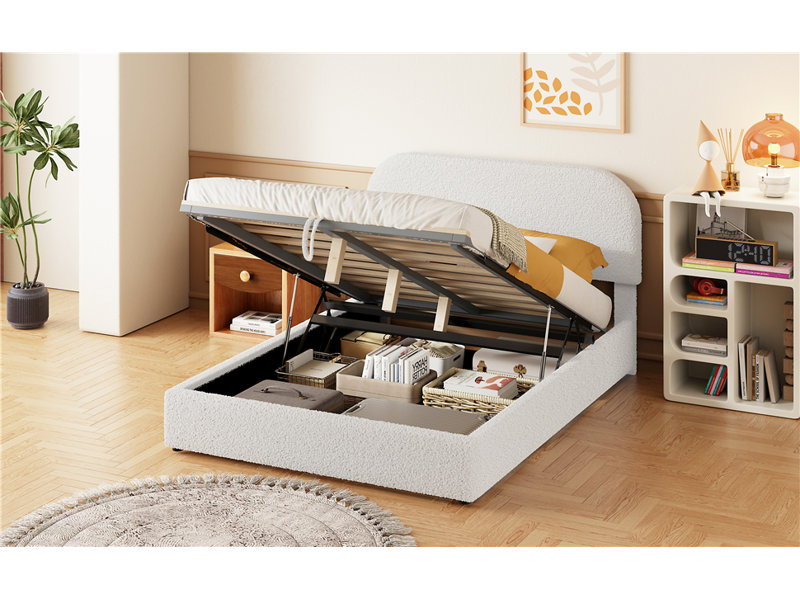 Lit plateforme tapissier Teddy, Blanc, Lit double