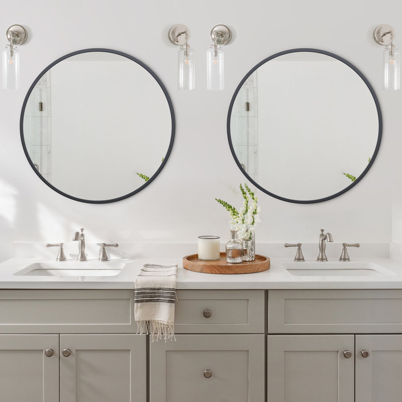 Modern Wall-Mounted Metal Framed Round Mirror, Black, 18" x 18"