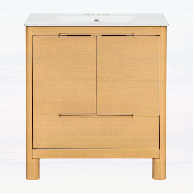 30 Inch Bathroom Vanity with Ceramic Sink,Adjustable Shelf, Oak